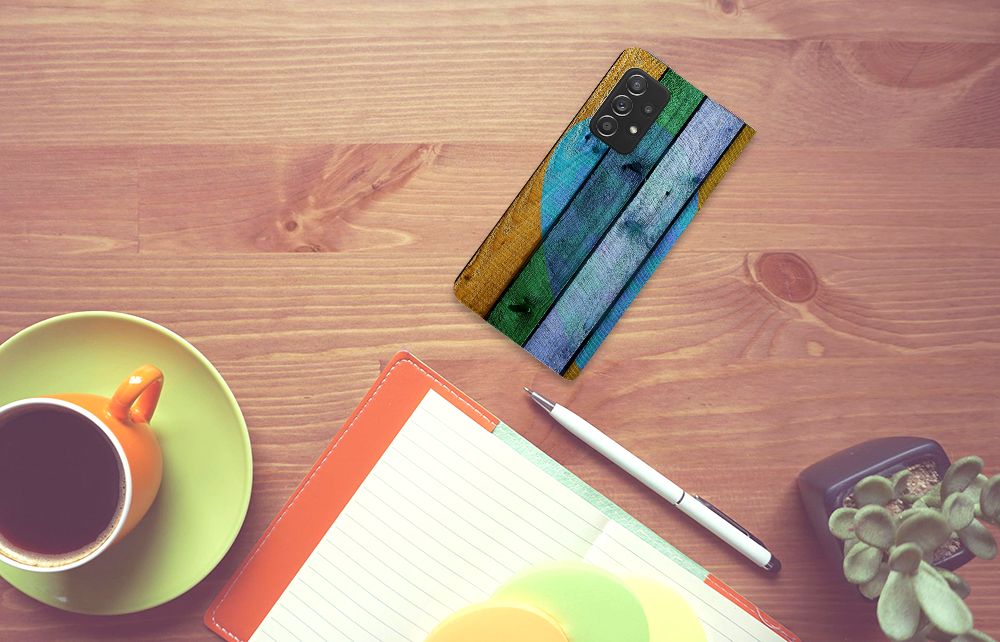 Samsung Galaxy A52 Book Wallet Case Wood Heart bovenaanzicht kleurrijk design