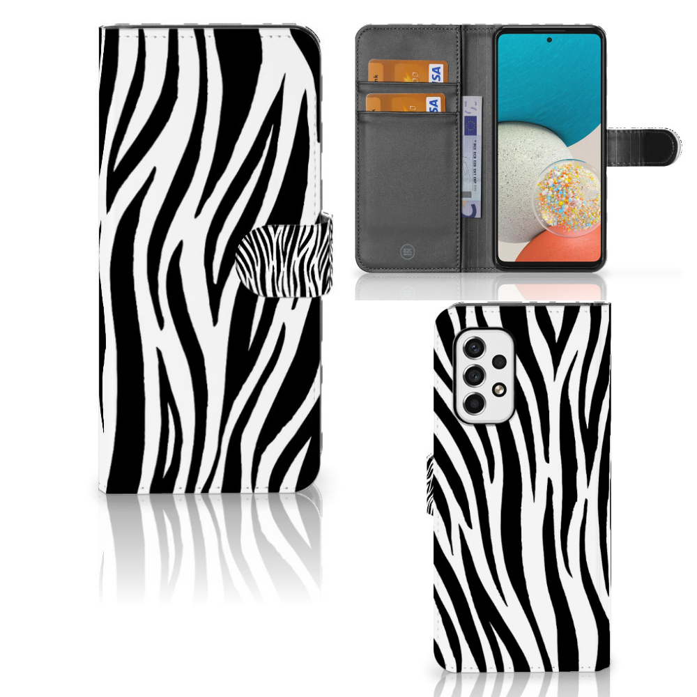 Samsung Galaxy A53 Telefoonhoesje met Pasjes Zebra zebraprint boekhoesje met pasjeshouder voorzijde achterzijde