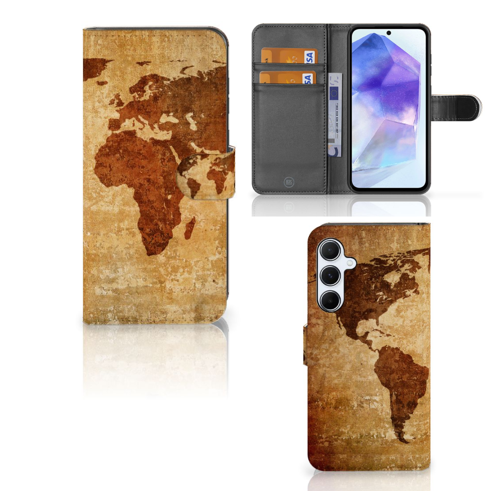 Samsung Galaxy A55 Flip Cover Wereldkaart flip cover wereldkaart pasjes aanzicht