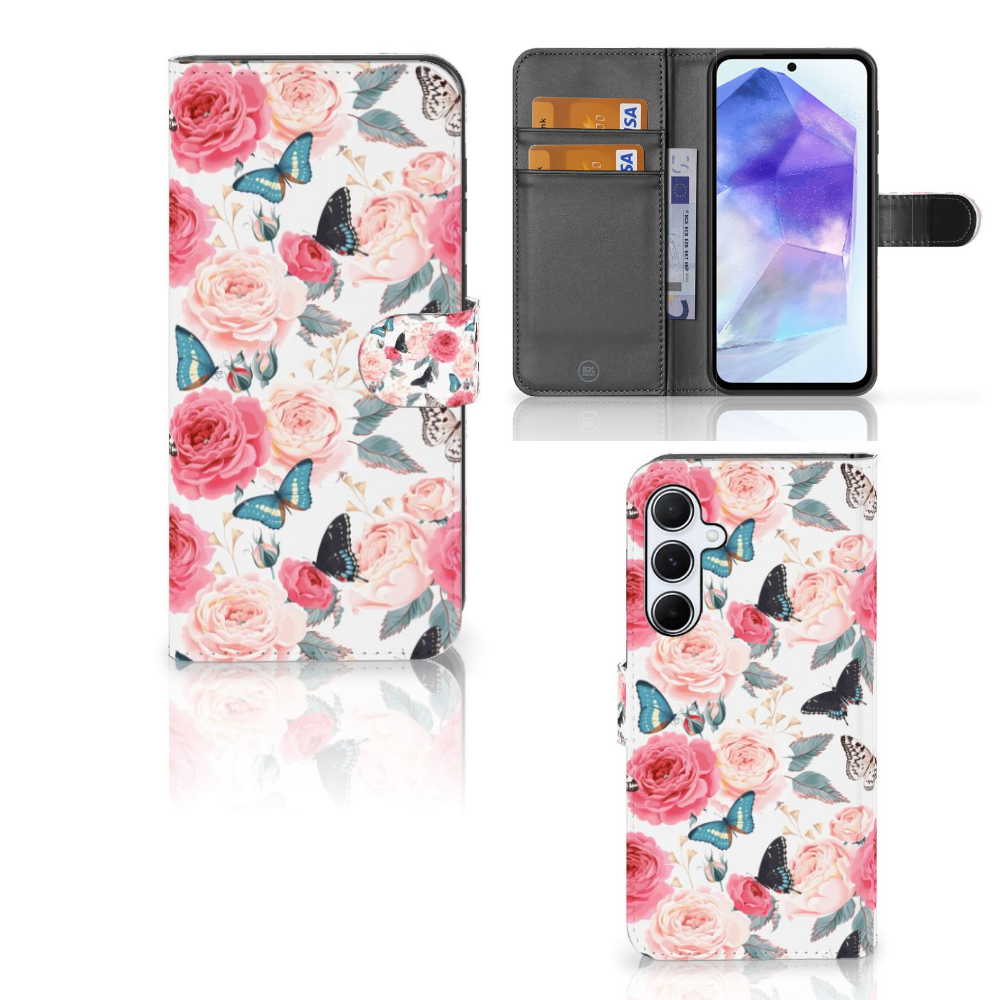 Samsung Galaxy A55 Hoesje Butterfly Roses etui bloemen vlinders
