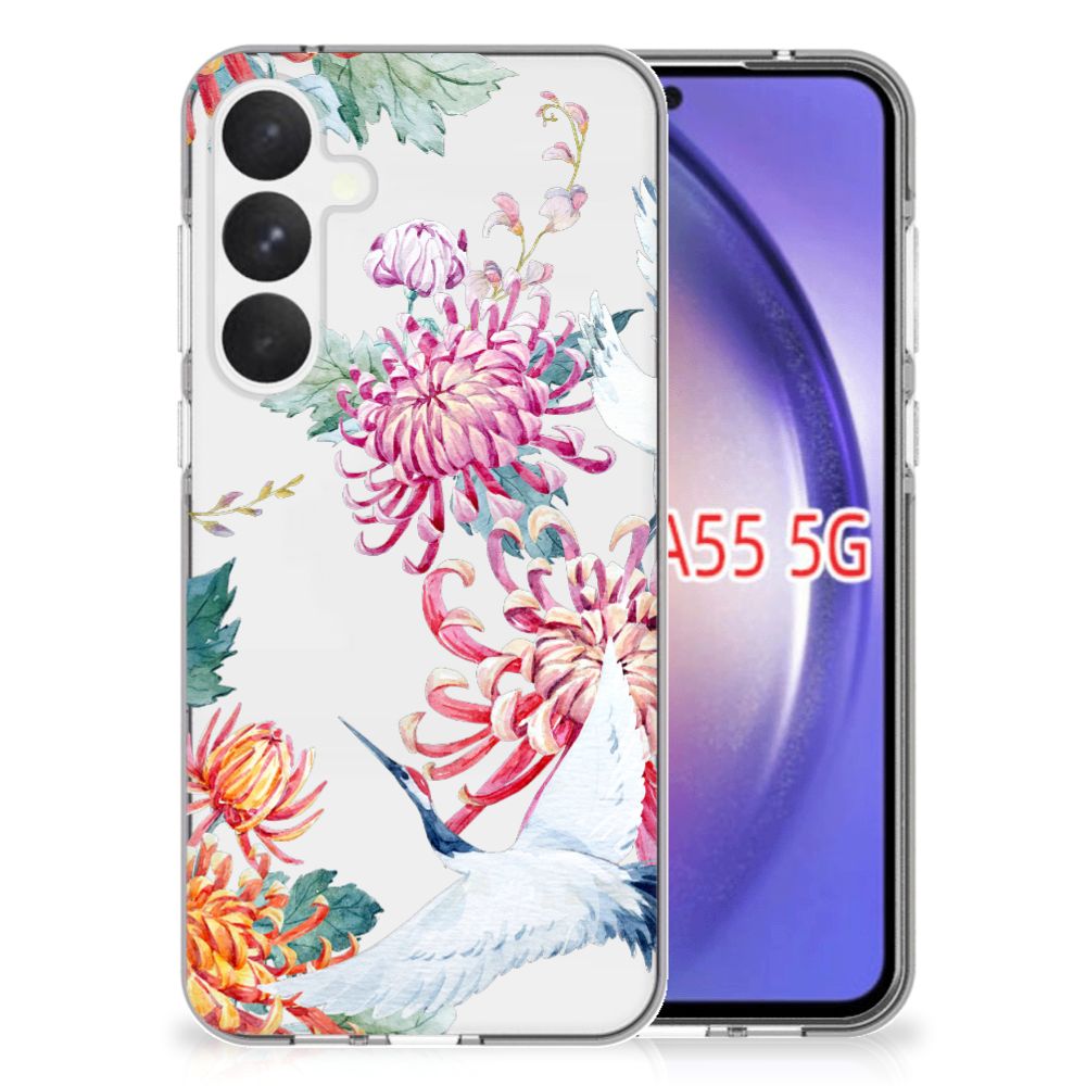 Samsung Galaxy A55 TPU Hoesje Bird Flowers bloemen ooievaar design achterkant