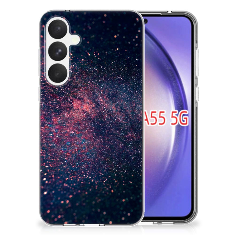Samsung Galaxy A55 TPU Hoesje Stars met een glinsterend ontwerp in paarse en blauwe kleuren op zwarte achtergrondâ¨.