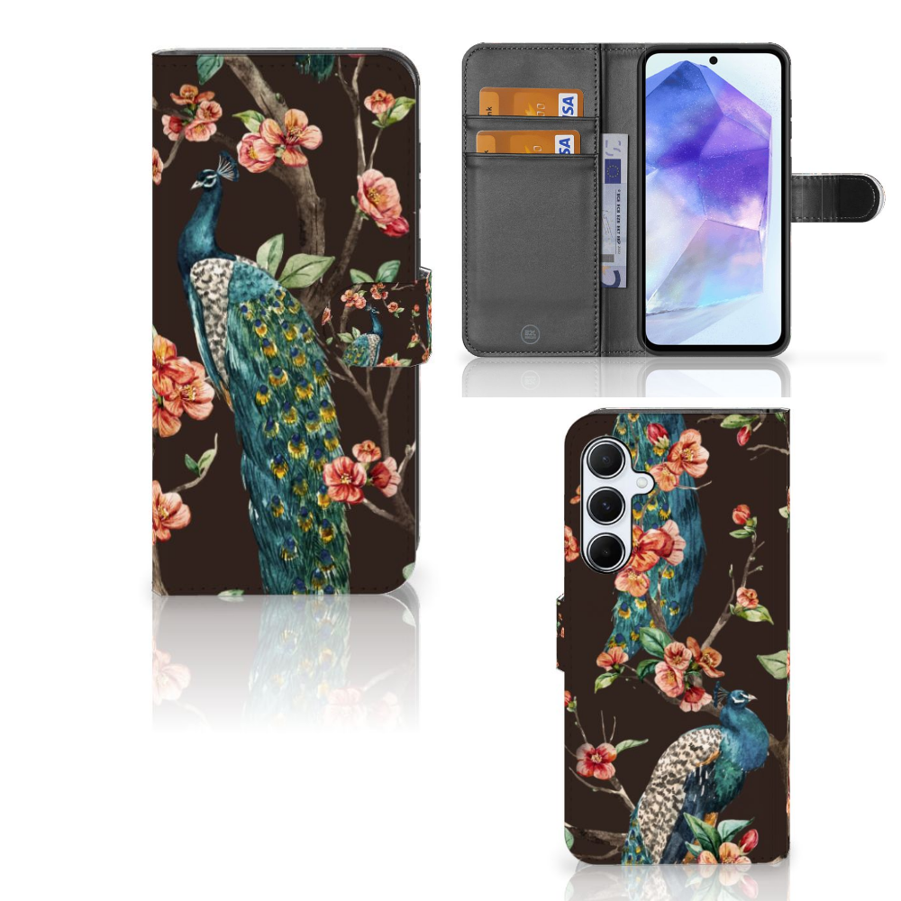 Samsung Galaxy A55 Telefoonhoesje met Pasjes Pauw met Bloemen telefoonhoesje pauw bloemen aanzicht