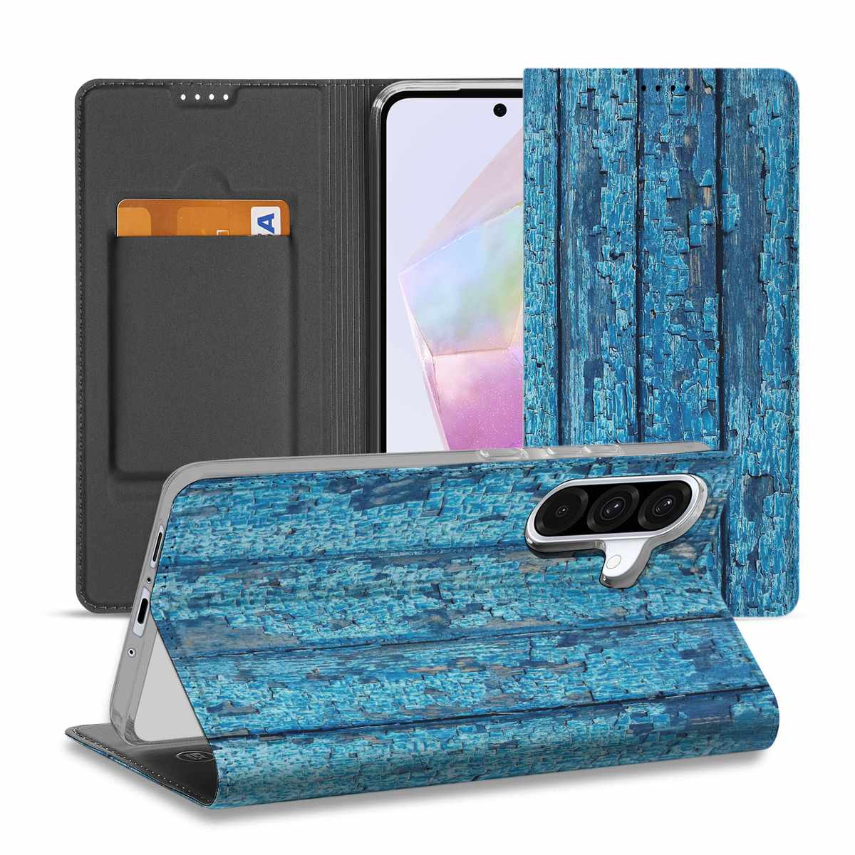 Samsung Galaxy A56 A36 Book Wallet Case Wood Blue design blauw hout aanzicht