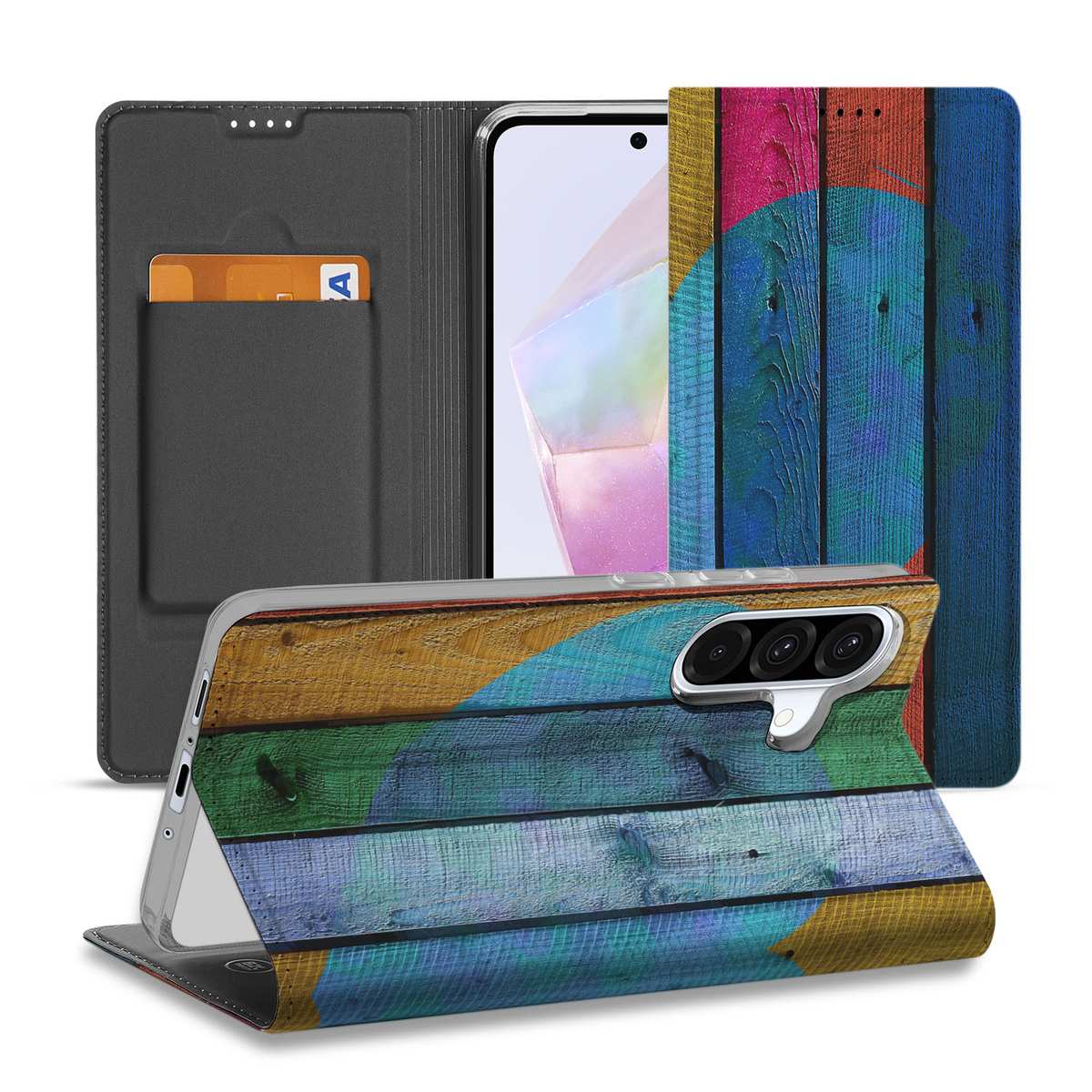 Samsung Galaxy A56 | A36 Book Wallet Case Wood Heart aanzicht kleurrijk design