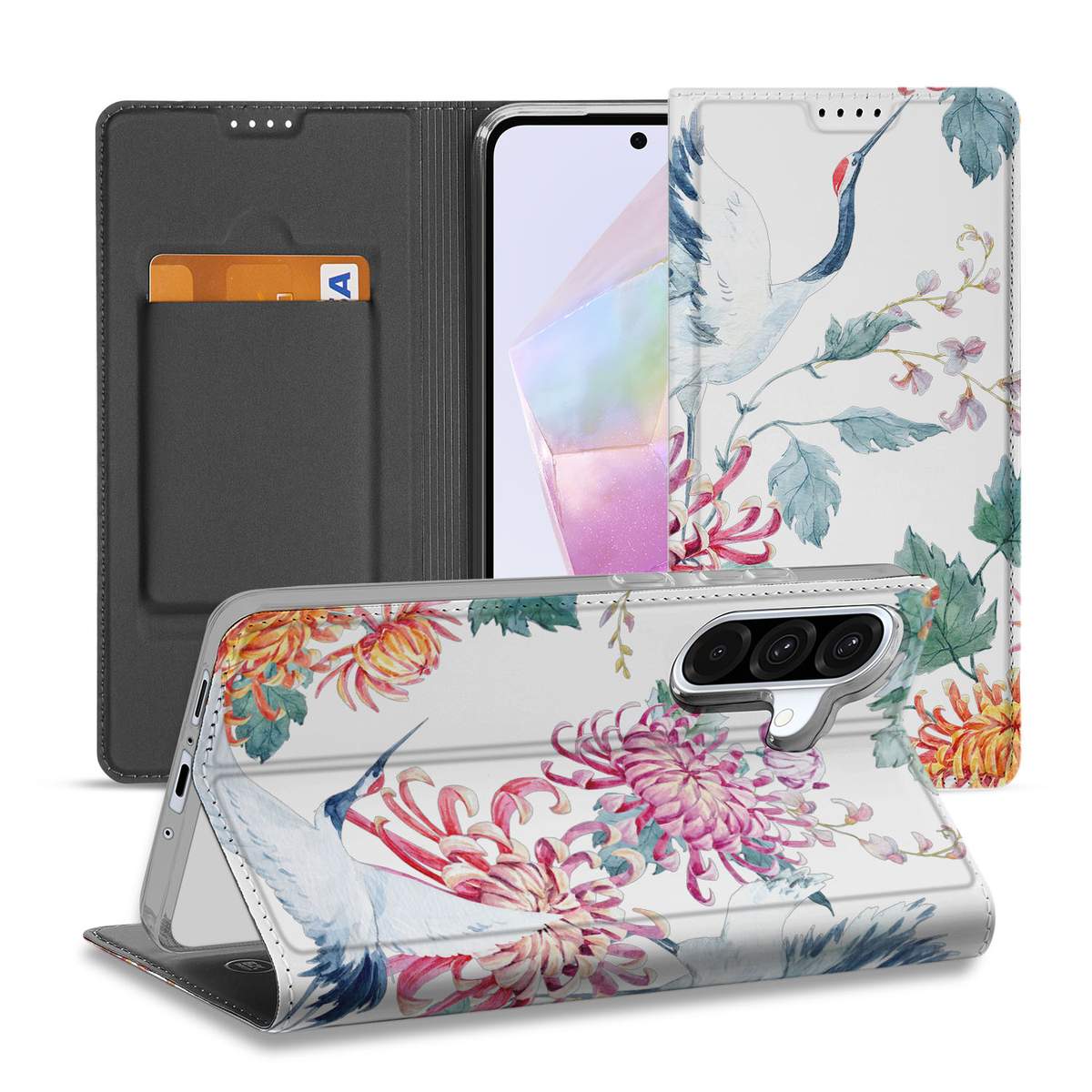 Samsung Galaxy A56 A36 Hoesje maken Bird Flowers design bloemen ooievaar aanzicht