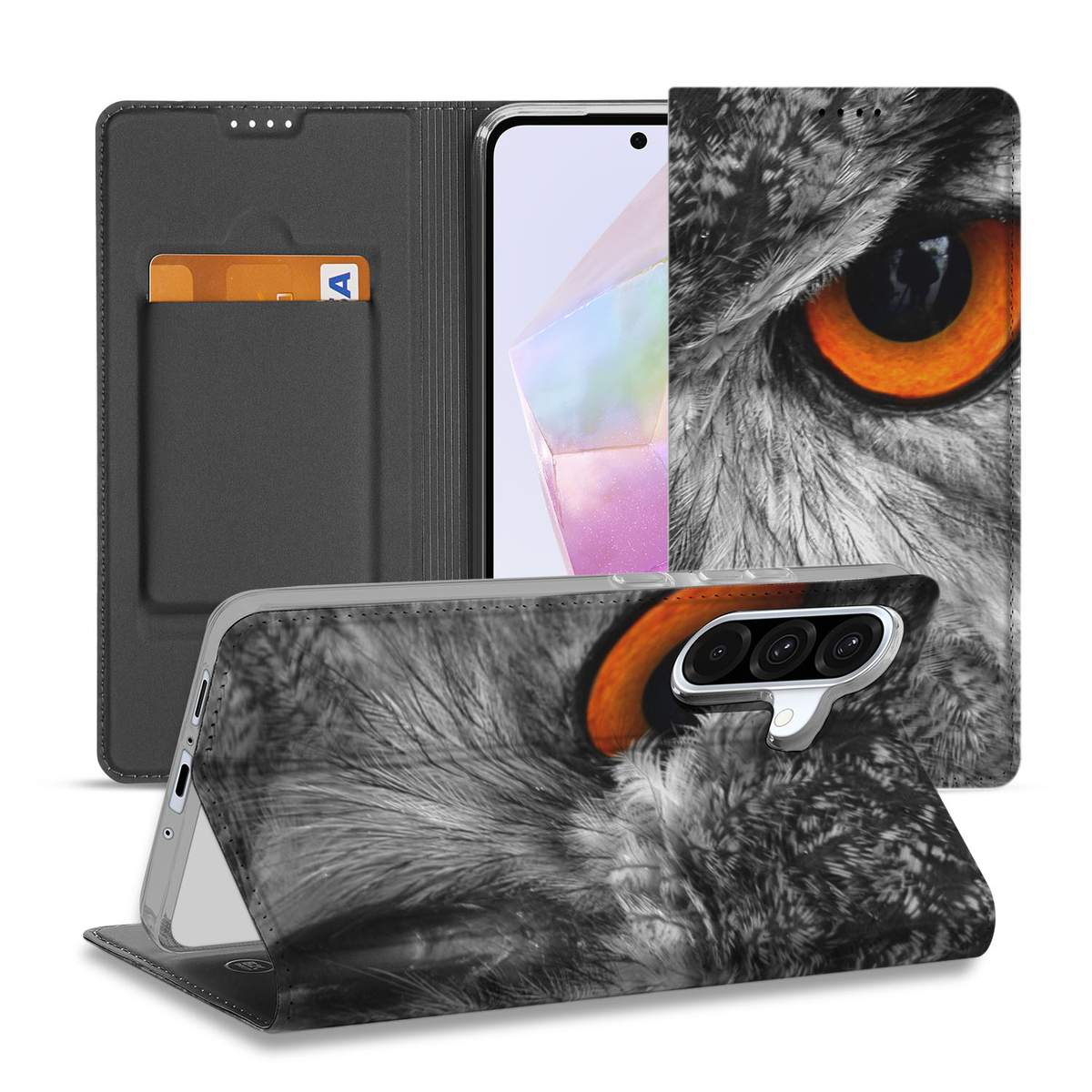 Samsung Galaxy A56 | A36 hoesje maken uil zwart grijs oranje design front achterkant