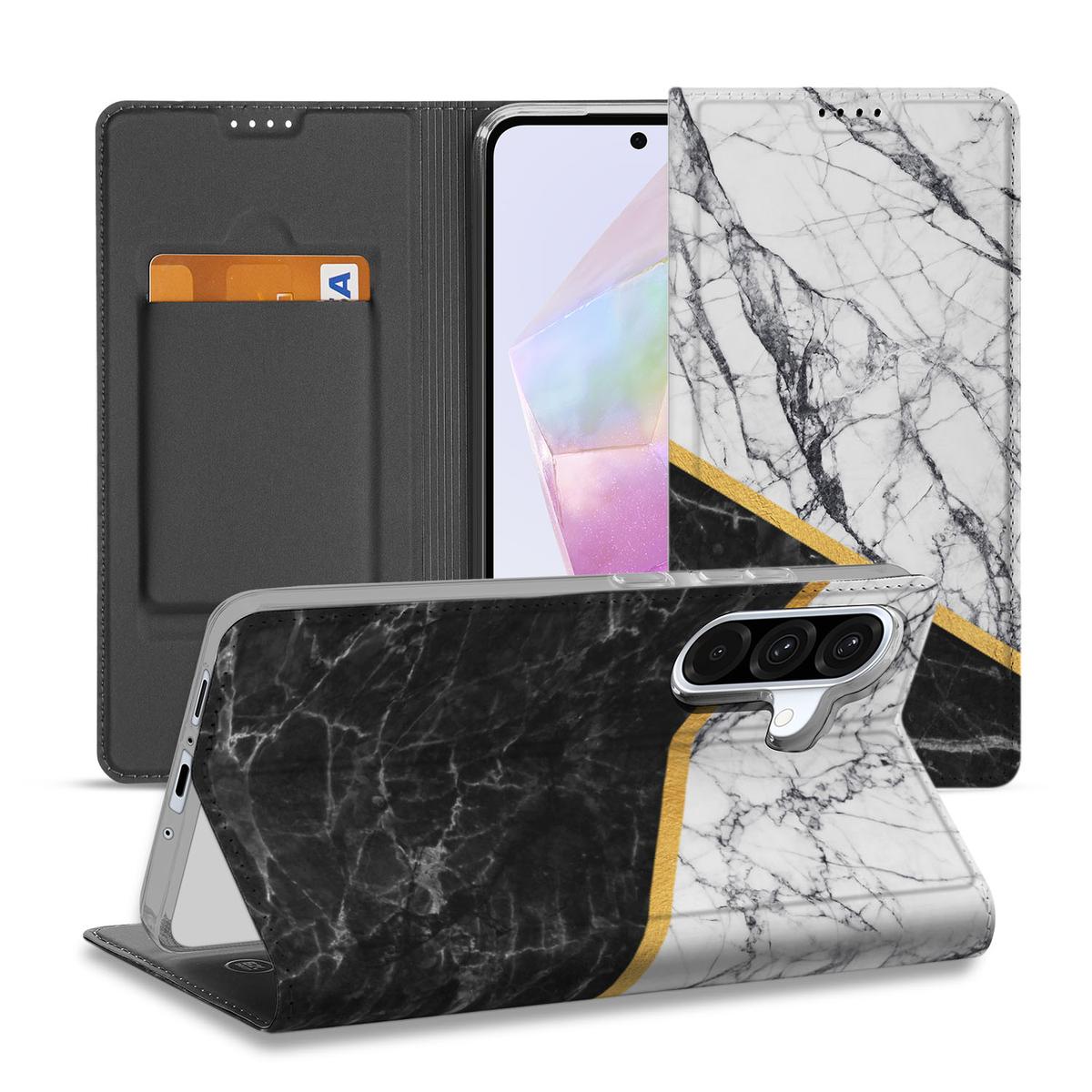 Samsung Galaxy A56 | A36 Standcase Marmer Wit Zwart Origineel Cadeau Man design hoesje zwartwit marmer aanzicht