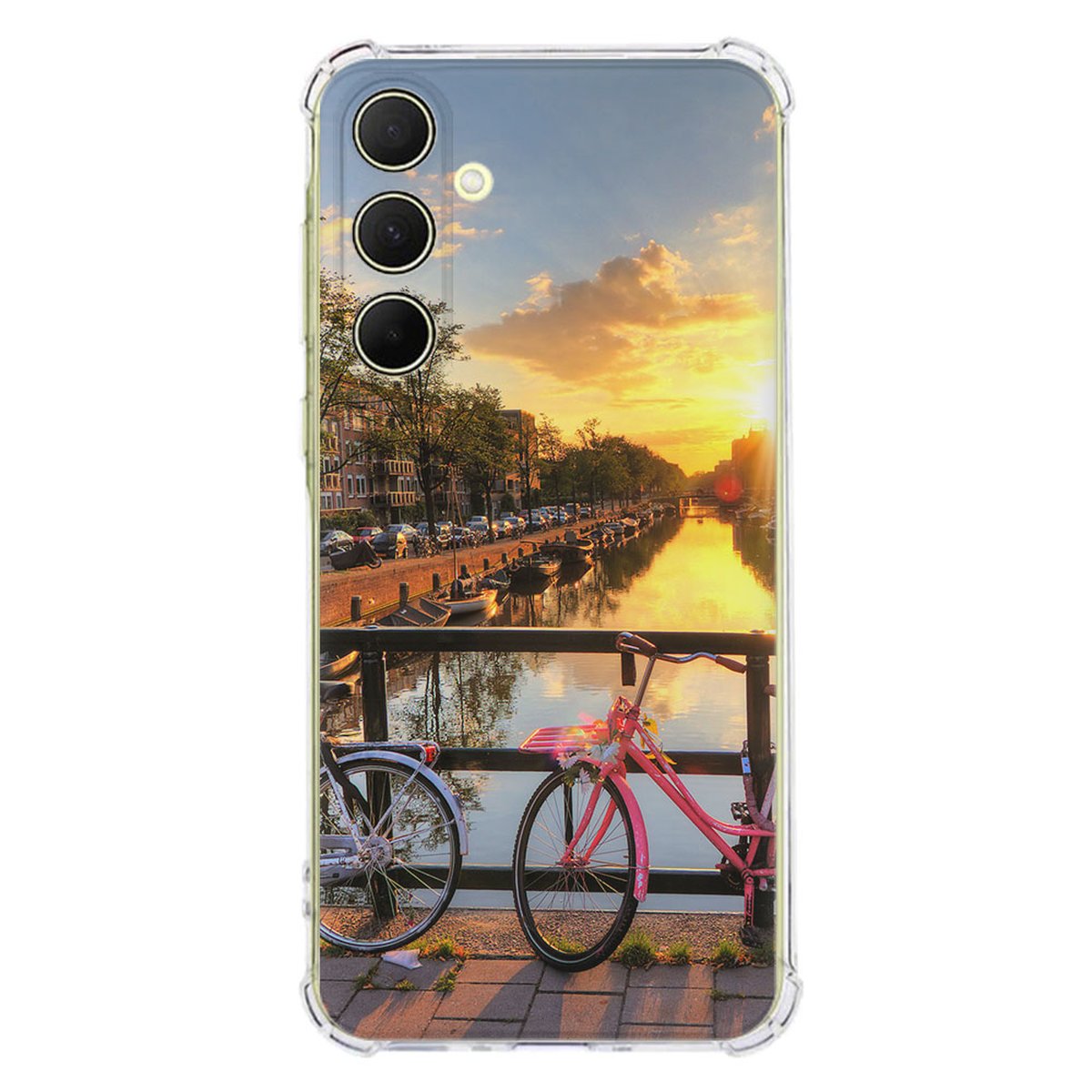 Samsung Galaxy A56 Hoesje Amsterdamse Grachten TPU Antishock fietsen zonsondergang water