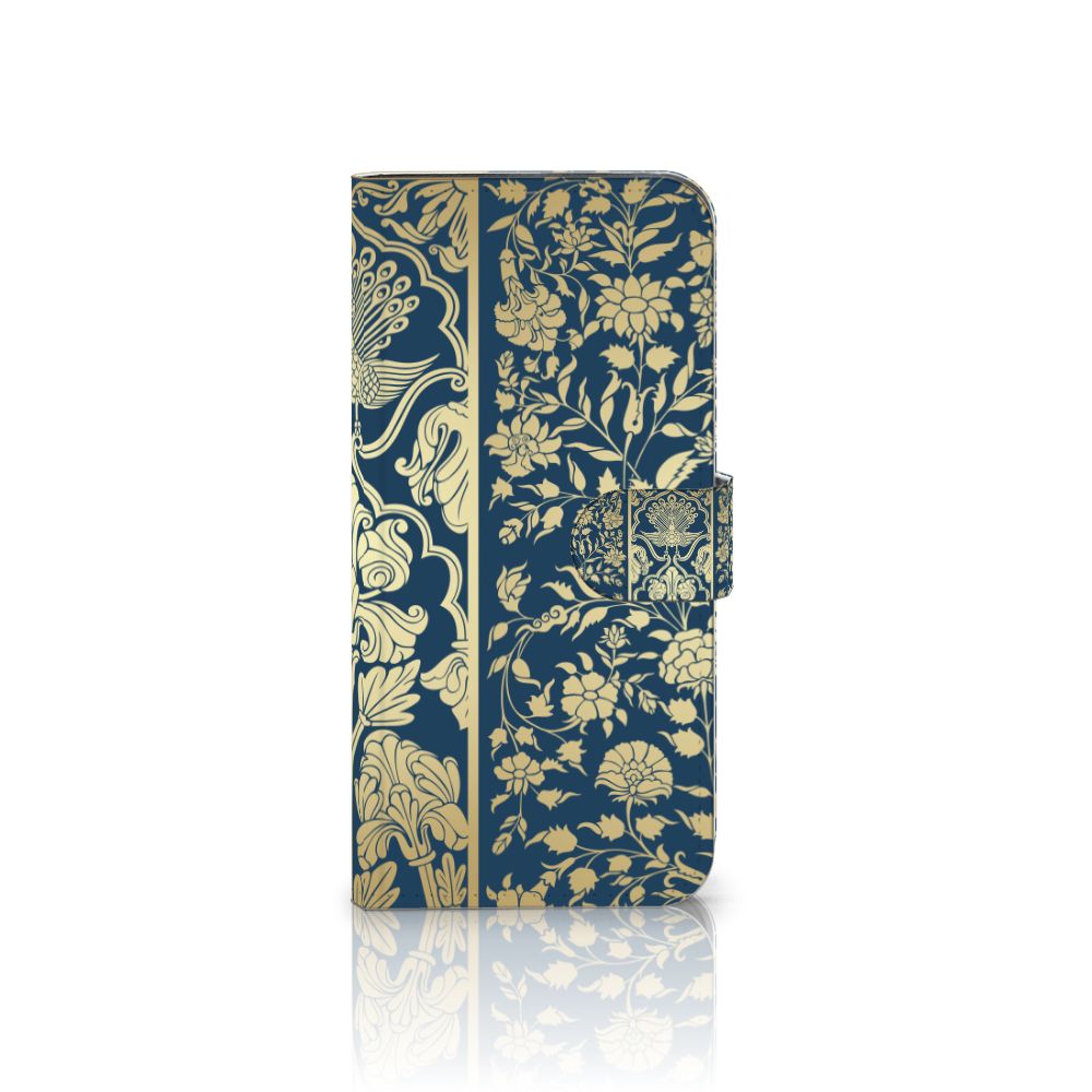 Samsung Galaxy A56 Hoesje Beige Flowers bookcase donkerblauw bloemen aanzicht