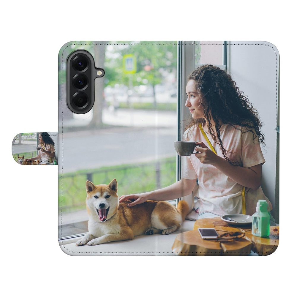 Samsung Galaxy A57 Bookcase Hoesje Maken met Foto Naadloos Design Voor- en achteraanzicht.