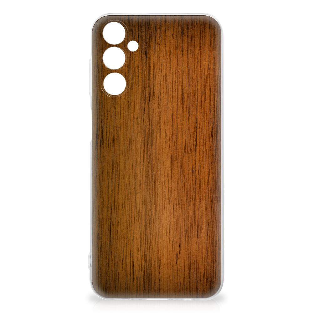 Samsung Galaxy M14 Bumper Hoesje Donker Hout - stijlvol TPU-hoesje met donkere houtprint voor perfecte bescherming.