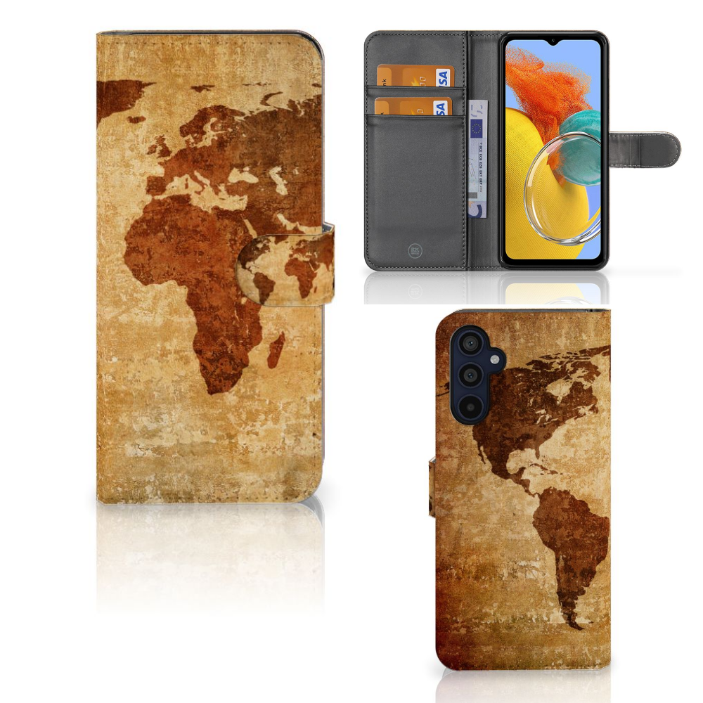 Samsung Galaxy M14 Flip Cover Wereldkaart met unieke wereldkaart design, perfect als cadeau voor reizigers đ.
