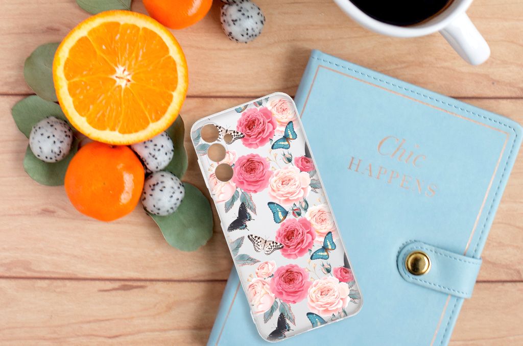 Samsung Galaxy M14 TPU Case Butterfly Roses bovenkant design bloemen vlinders