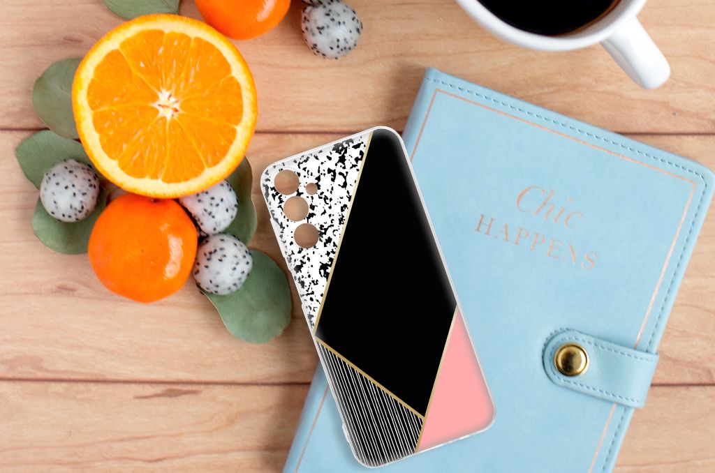 Samsung Galaxy M14 TPU Hoesje Zwart Roze Vormen design aanzicht