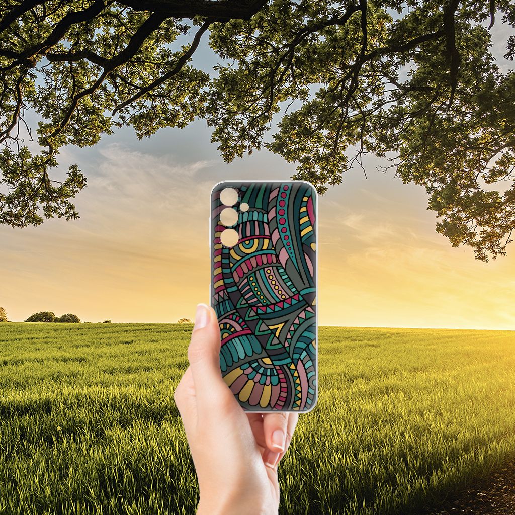 Samsung Galaxy M14 TPU bumper Aztec in hand against a vibrant sunset, perfect gift for artistic protection and durability.