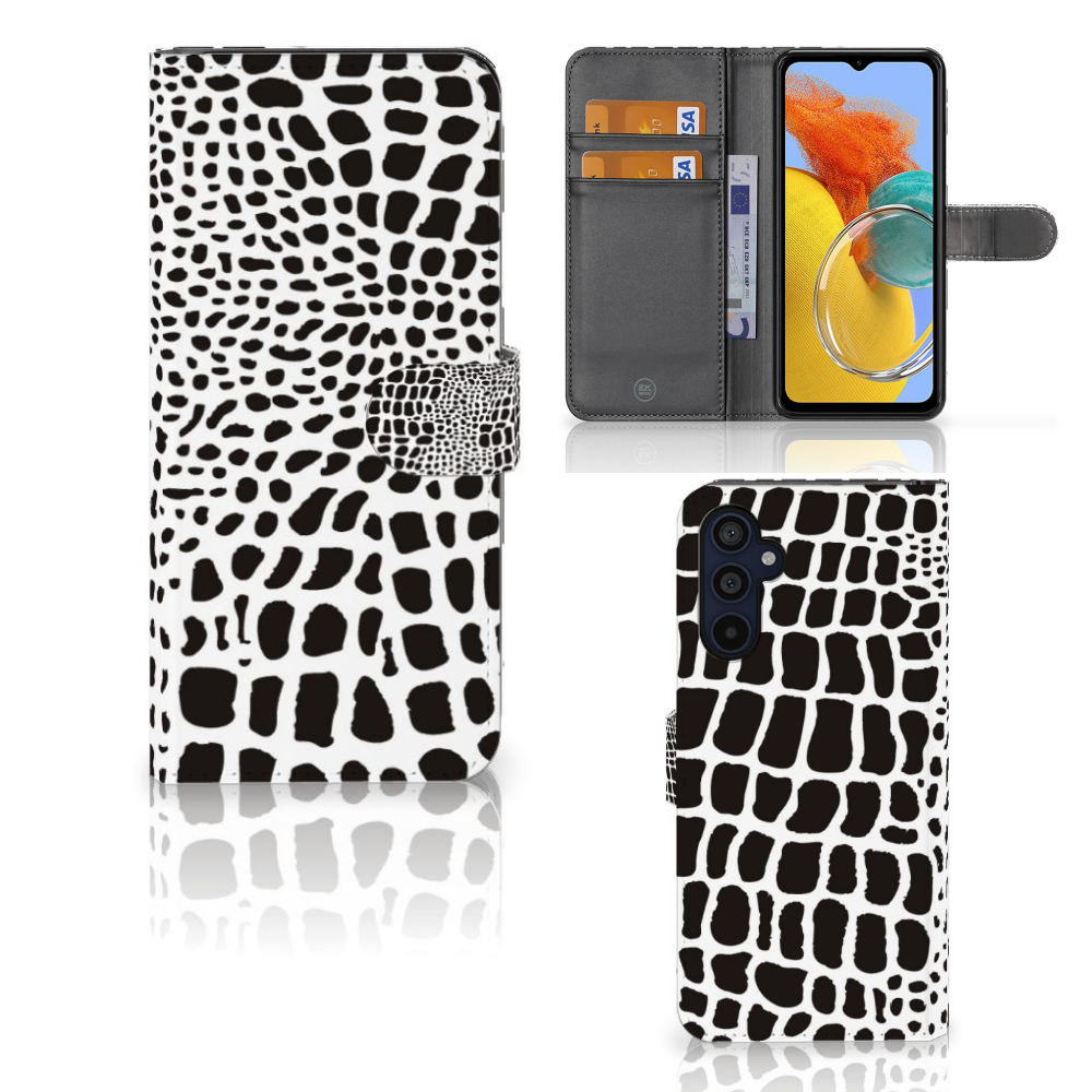 Samsung Galaxy M14 Telefoonhoesje met Pasjes Slangenprint slangenprint boekhoesje zwart wit vooraanzicht