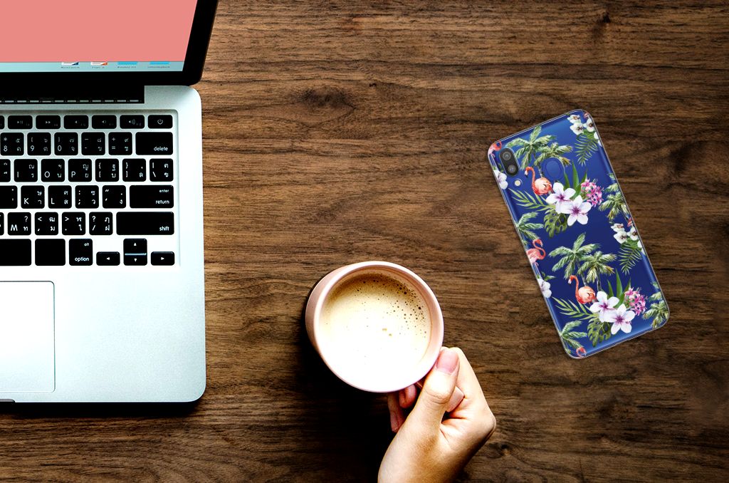 Samsung Galaxy M20 (Power) TPU Hoesje Flamingo Palms telefoon laptop houten tafel koffie