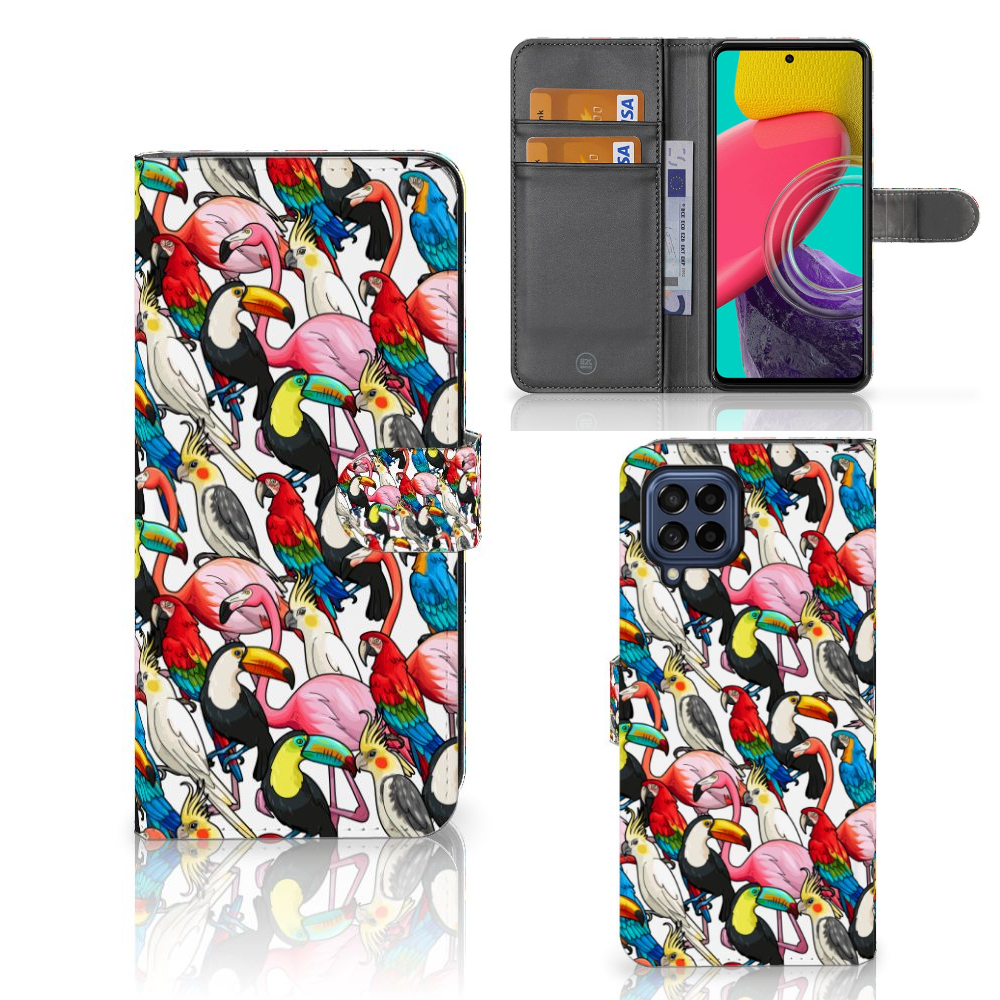 Samsung Galaxy M53 Telefoonhoesje met Pasjes Birds telefoonhoesje vogels kleurrijk aanzicht
