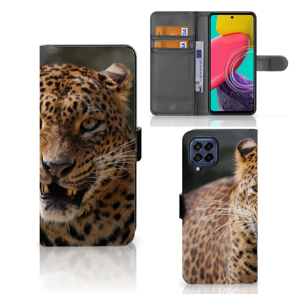Samsung Galaxy M53 Telefoonhoesje met Pasjes Luipaard design luipaard vooraanzicht zijkant