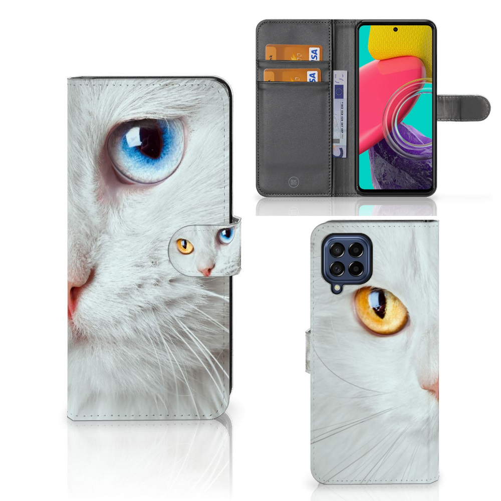 Samsung Galaxy M53 Telefoonhoesje met Pasjes Witte Kat design kat aanzicht