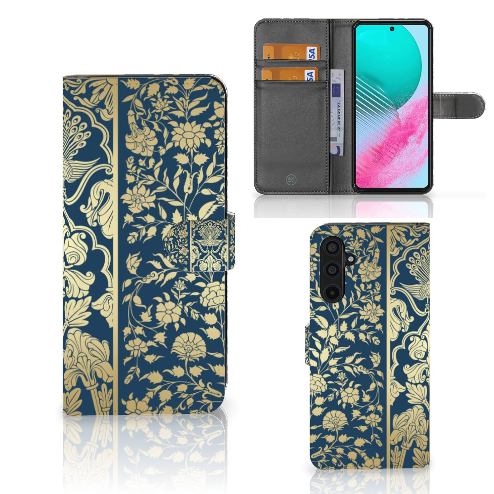 Samsung Galaxy M54 Hoesje Beige Flowers met luxe gouden bloemendesign en ruimte voor 3 pasjes đŧ