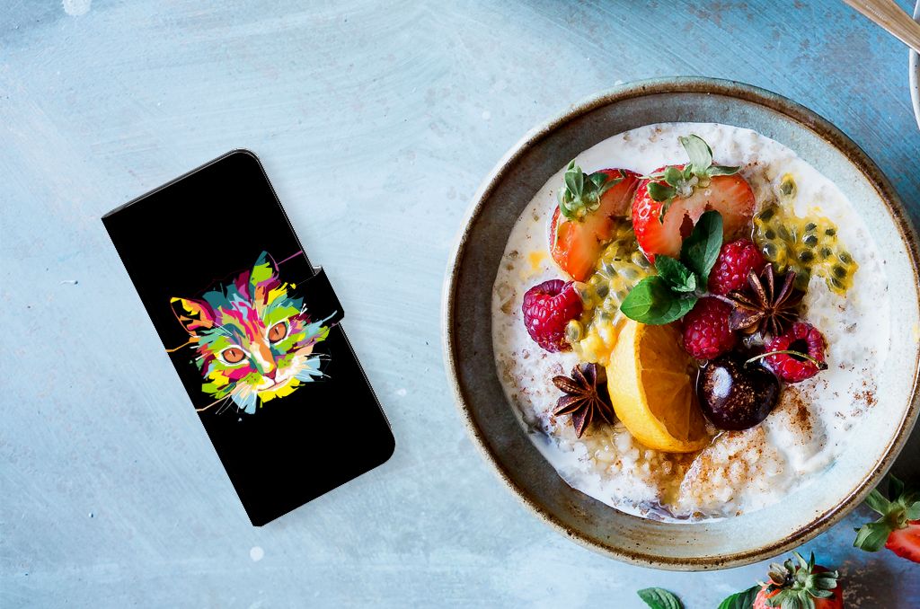 Samsung Galaxy M54 Leuk Hoesje Cat Color designkat kleurrijk aanzicht