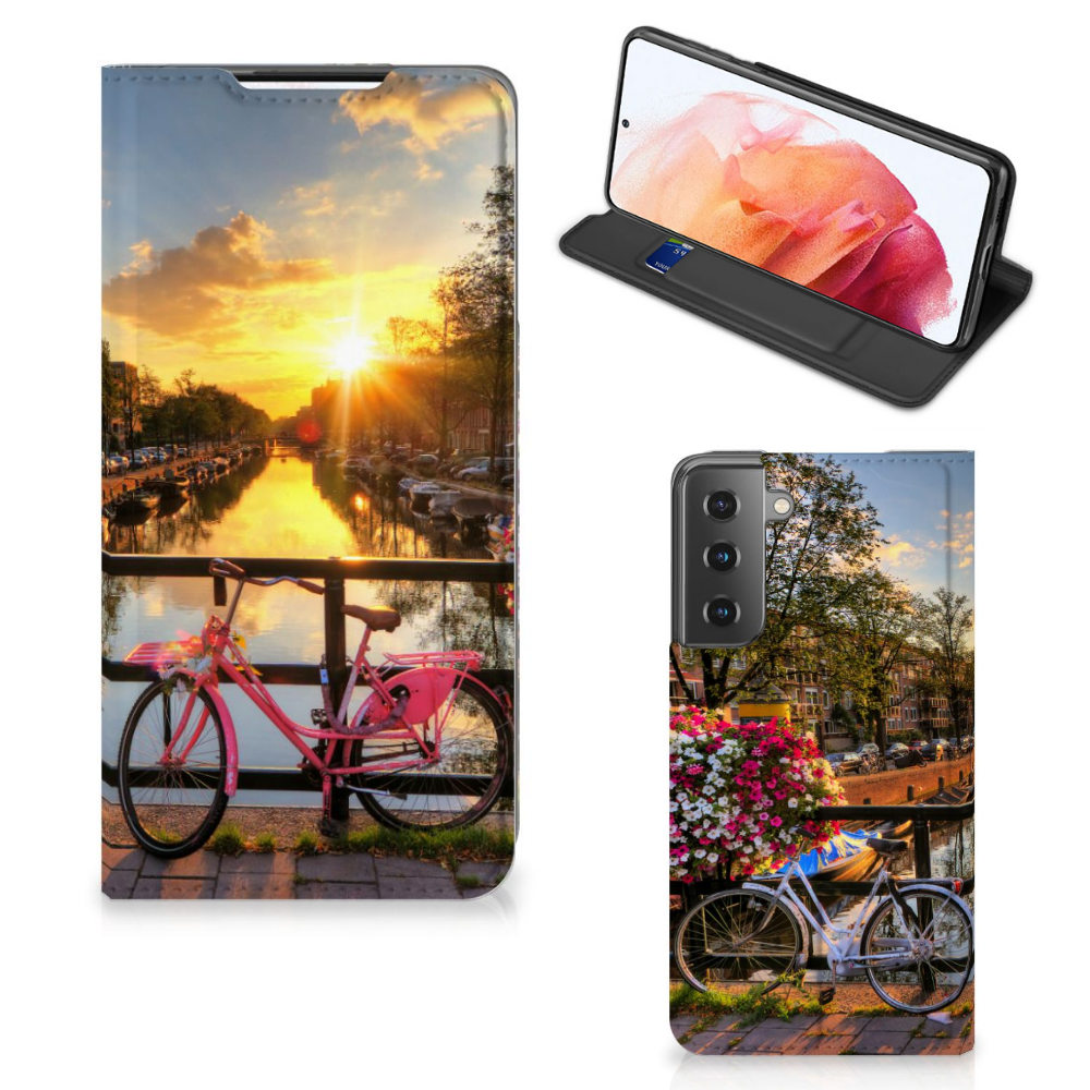 Samsung Galaxy S21 Book Cover Amsterdamse Grachten fiets zonsondergang uitzicht
