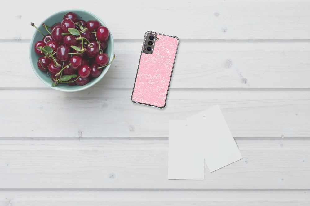 Samsung Galaxy S21 Case White Flowers roze design bovenaanzicht