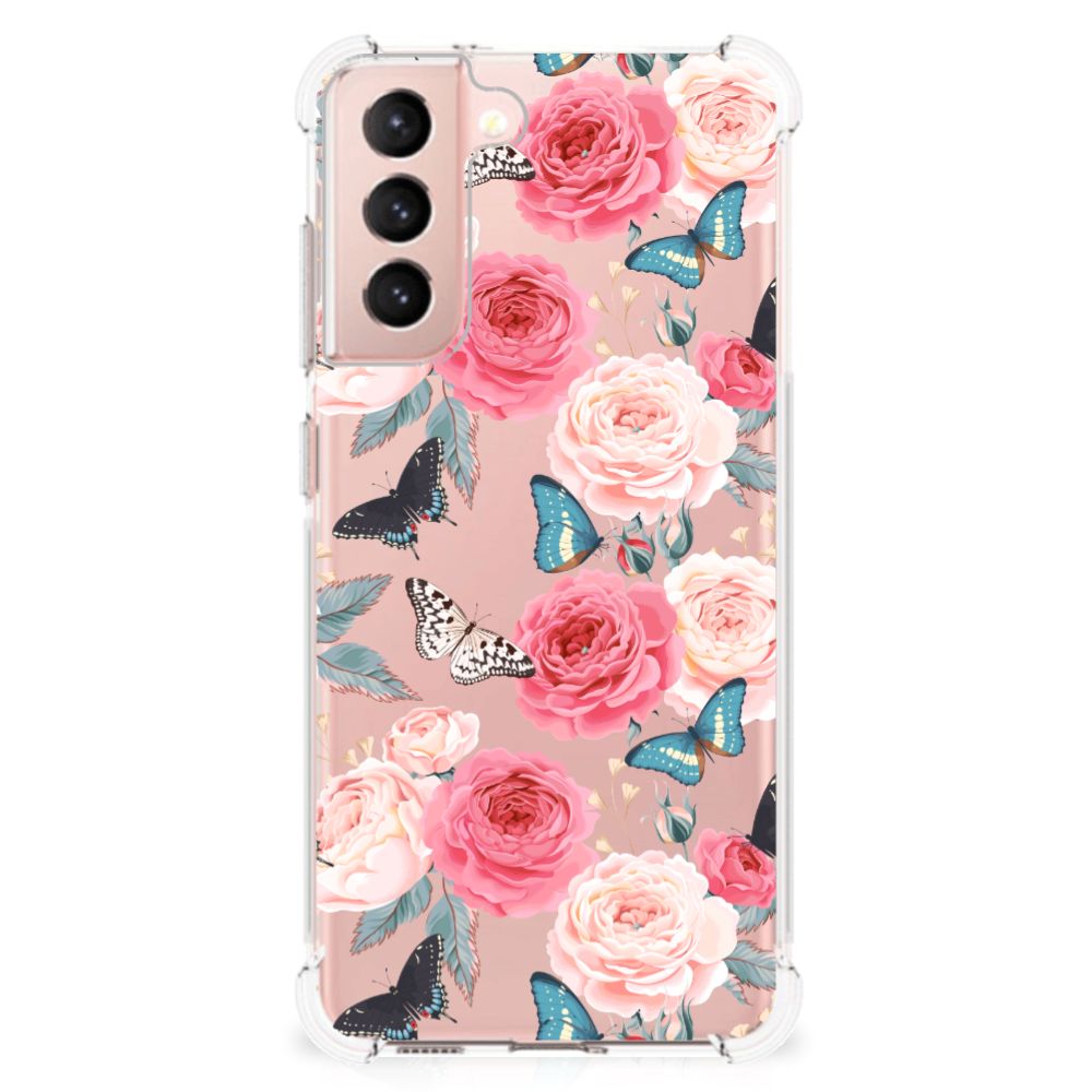 Samsung Galaxy S21 FE Case Butterfly Roses achterkant bloemen vlinders