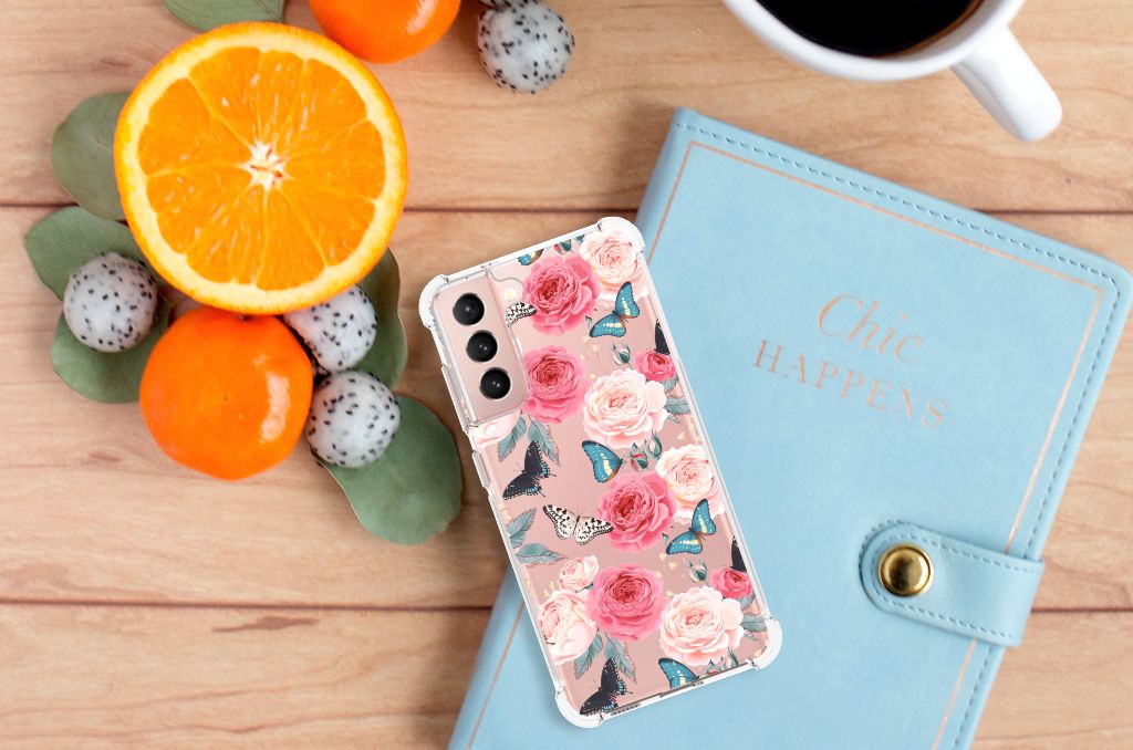 Samsung Galaxy S21 FE Case Butterfly Roses bovenaanzicht smartphone met bloemen en vlinders