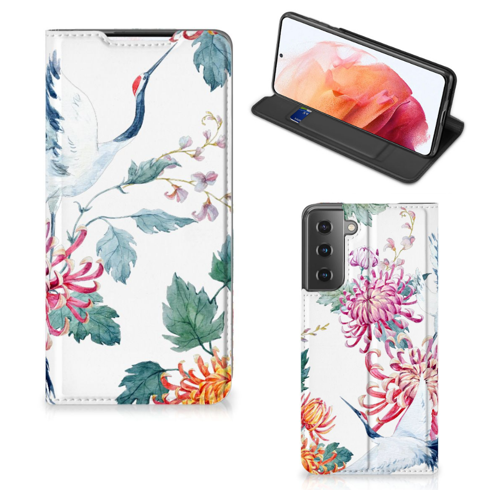 Samsung Galaxy S21 Hoesje maken Bird Flowers hoesje bloemen ooievaars aanzicht