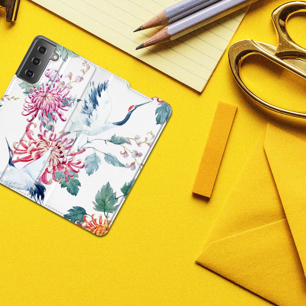 Samsung Galaxy S21 Hoesje maken Bird Flowers hoesje bloemen ooievaars bovenaanzicht