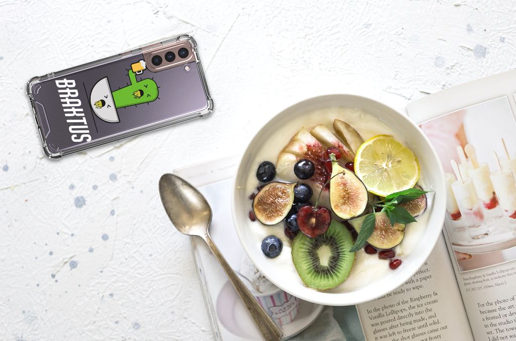 Samsung Galaxy S21 Plus Stevig Bumper Hoesje Braktus design boven view met fruitschaal