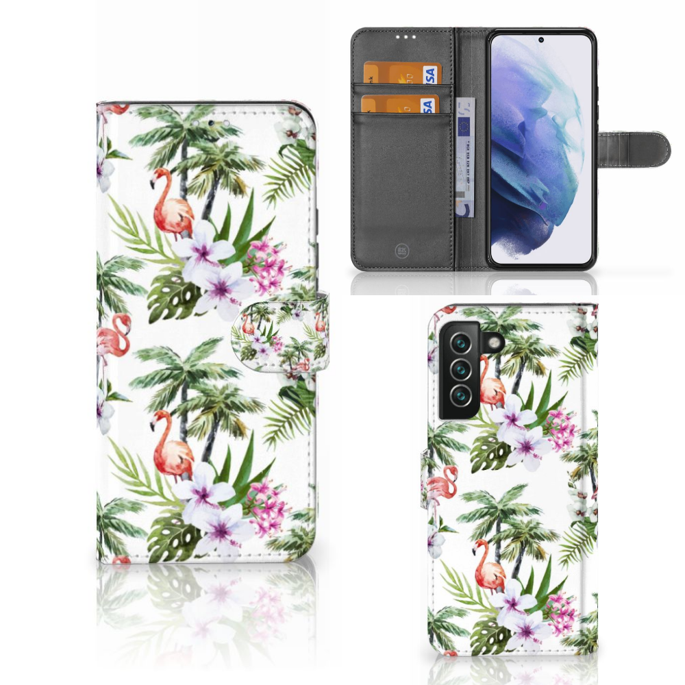 Samsung Galaxy S22 Plus Telefoonhoesje met Pasjes Flamingo Palms boekhoesje tropisch design aanzicht