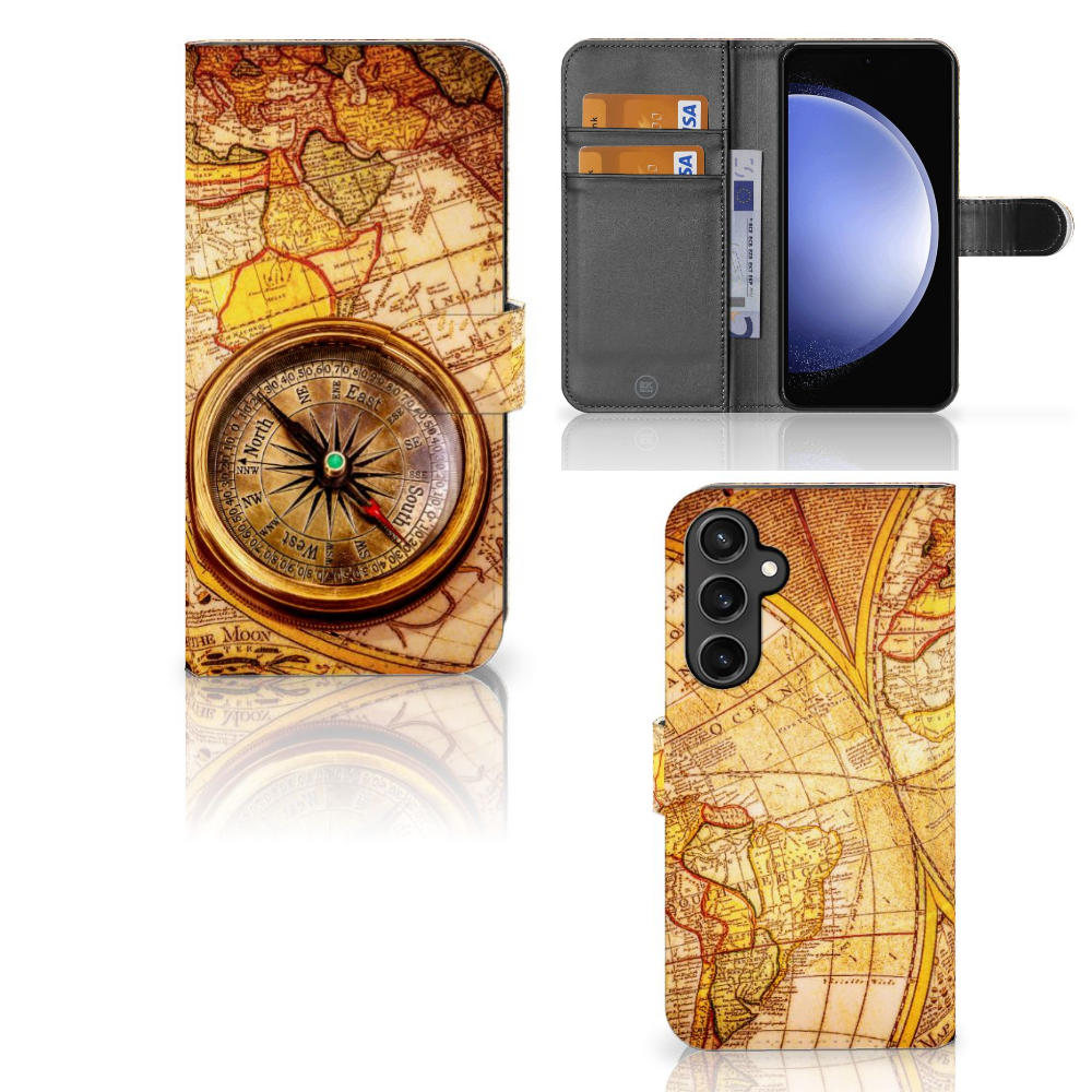 Samsung Galaxy S23 FE Flip Cover Kompas kompas map design voorkant achterkant