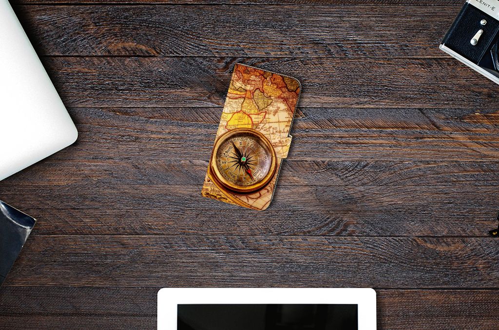 Samsung Galaxy S23 FE Flip Cover Kompas ontwerp met kompas en wereldkaart bovenaanzicht