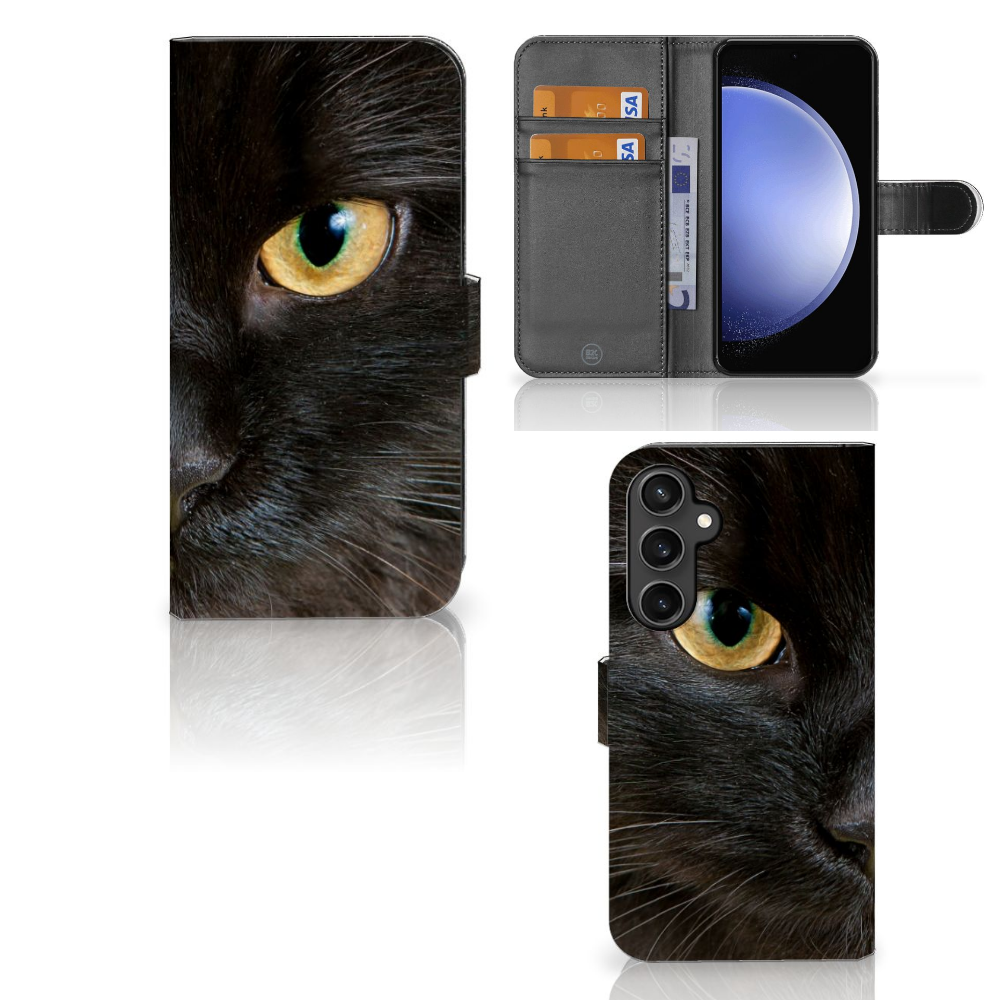 Samsung Galaxy S23 FE Telefoonhoesje met Pasjes Zwarte Kat design Zwarte Kat aanzicht