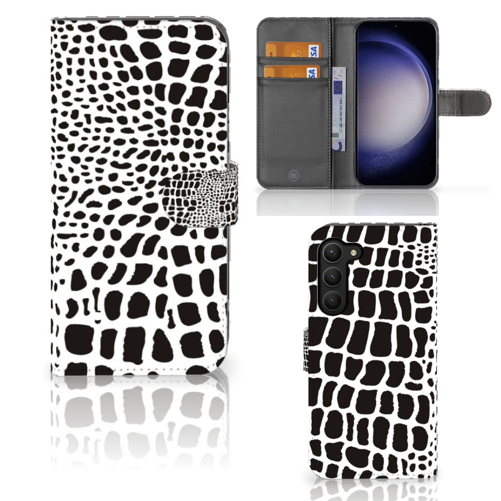 Samsung Galaxy S23 Plus Telefoonhoesje met Pasjes Slangenprint slangenprint boekhoesje zwart wit aanzicht