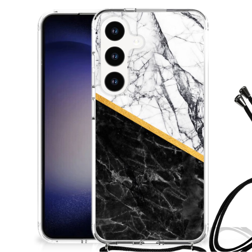 Samsung Galaxy S24 Anti-Shock Hoesje Marmer Wit Zwart - Origineel Cadeau Man B2C Telecom