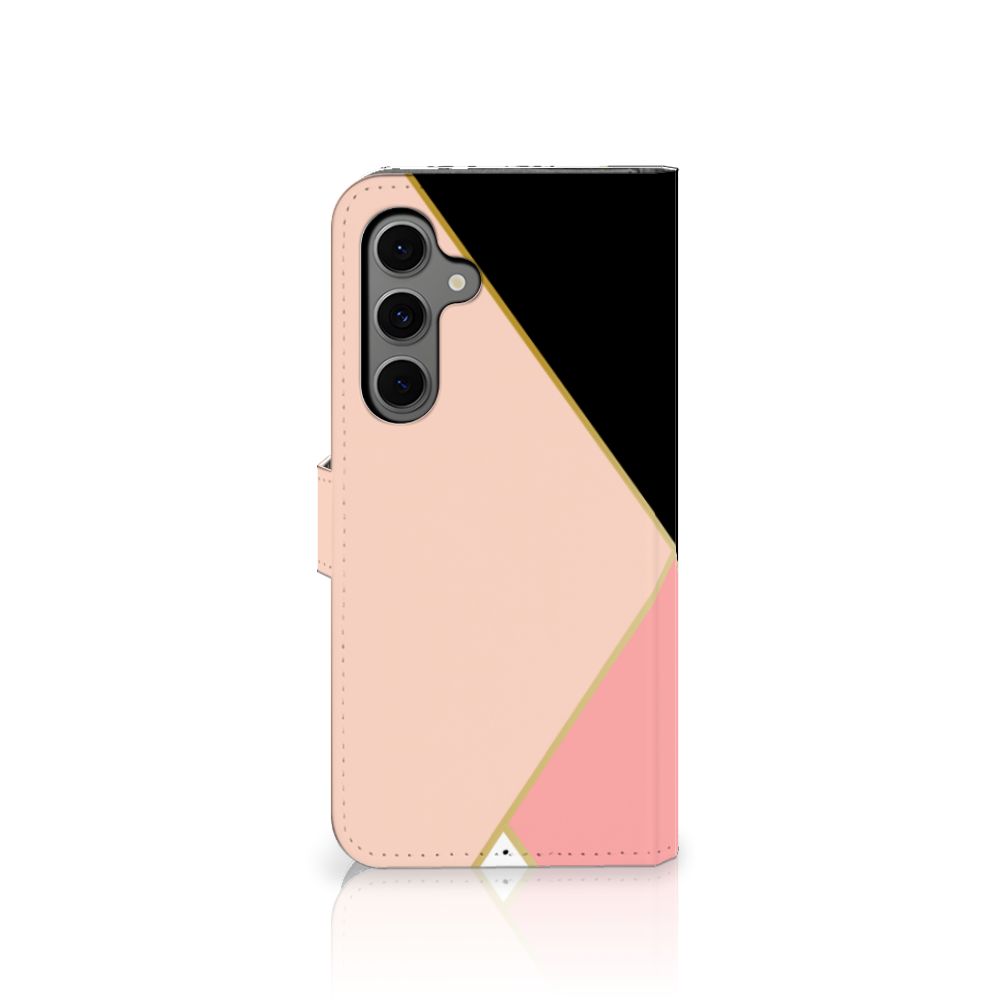 Samsung Galaxy S24 FE Book Case Zwart Roze Vormen Bookcase geometrisch zijaanzicht