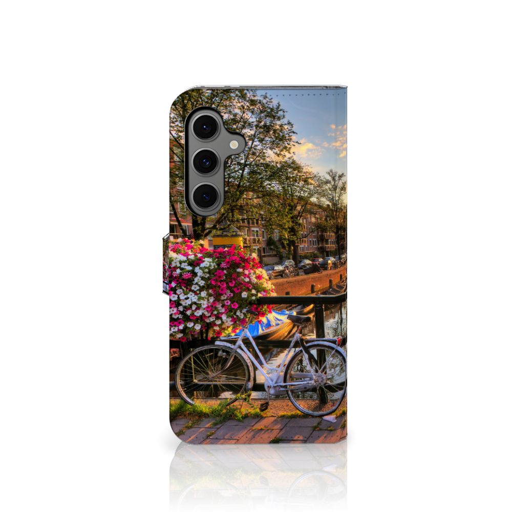 Samsung Galaxy S24 FE Flip Cover Amsterdamse Grachten telefoonhoesje bloemen fiets aanzicht