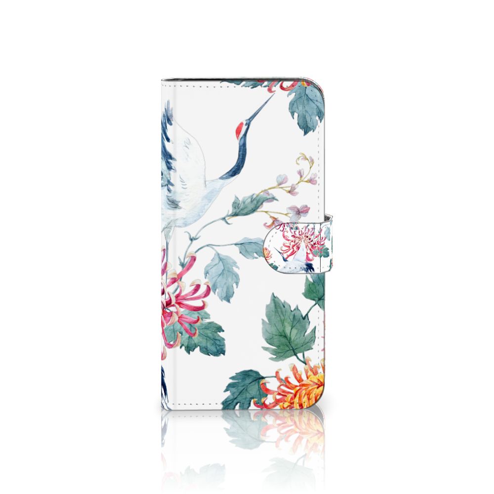 Samsung Galaxy S24 FE Telefoonhoesje met Pasjes Bird Flowers slank design kleurrijke ooievaar bloemen aanzicht