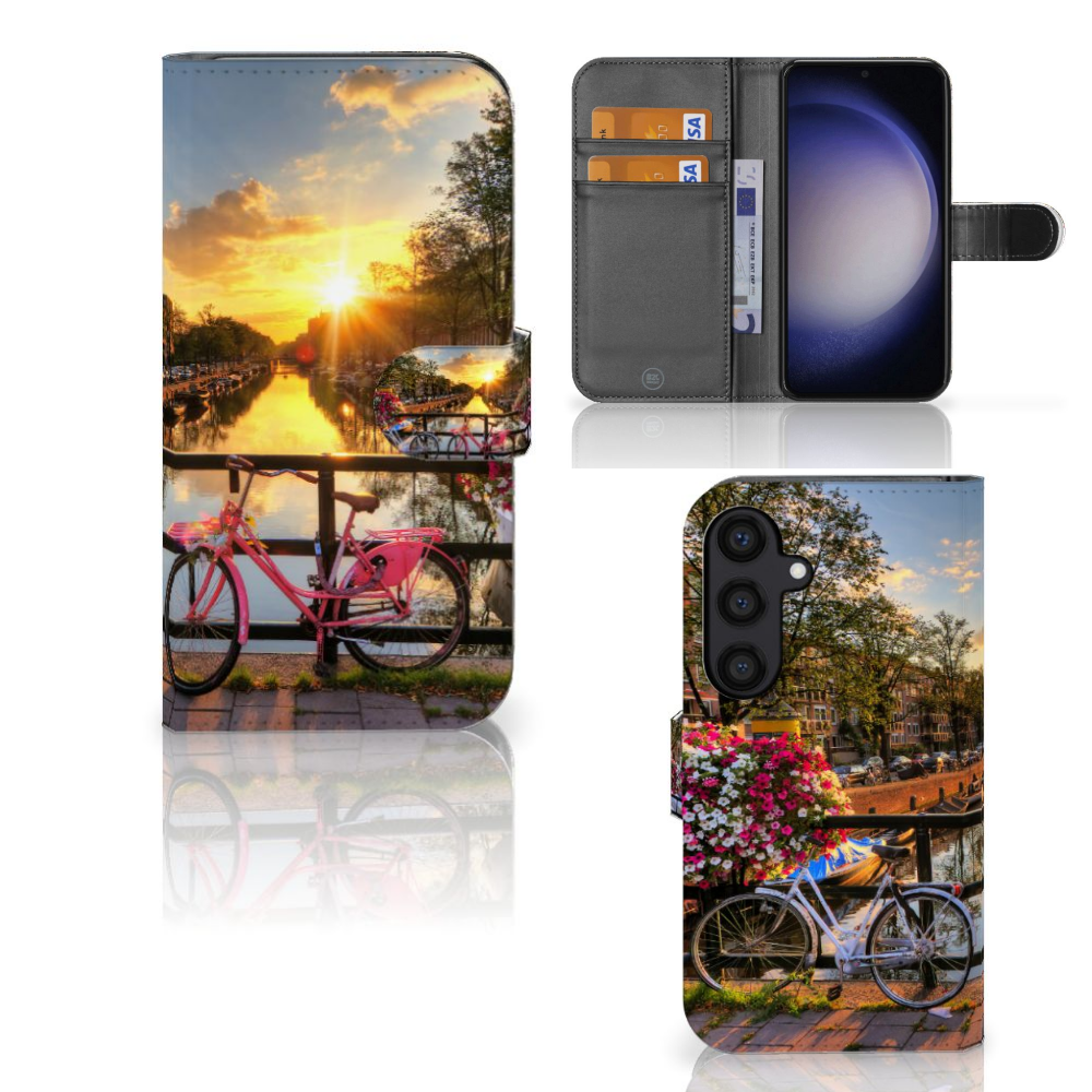 Samsung Galaxy S24 Flip Cover Amsterdamse Grachten fiets water zonsondergang design voorkant binnenkant