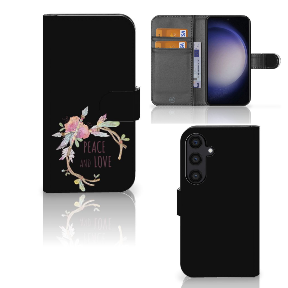 Samsung Galaxy S24 Leuk Hoesje Boho Text telefoonhoesje design Peace Love aanzicht