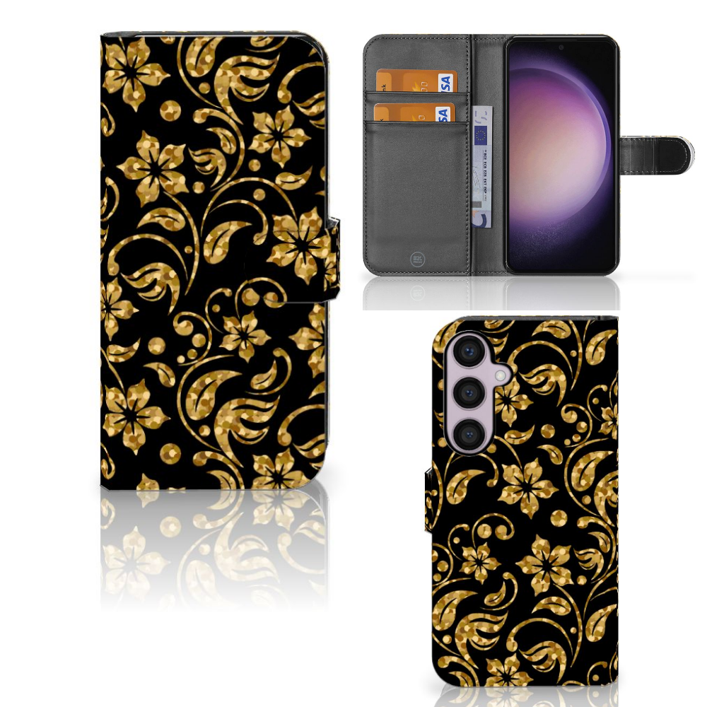 Samsung Galaxy S24 Plus Hoesje Gouden Bloemen hoesje design goud zwart aanzicht