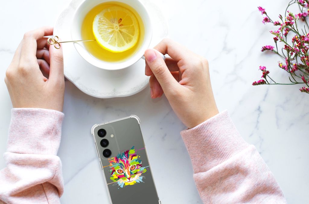 Samsung Galaxy S24 Stevig Bumper Hoesje Cat Color hands drankje design bovenaanzicht