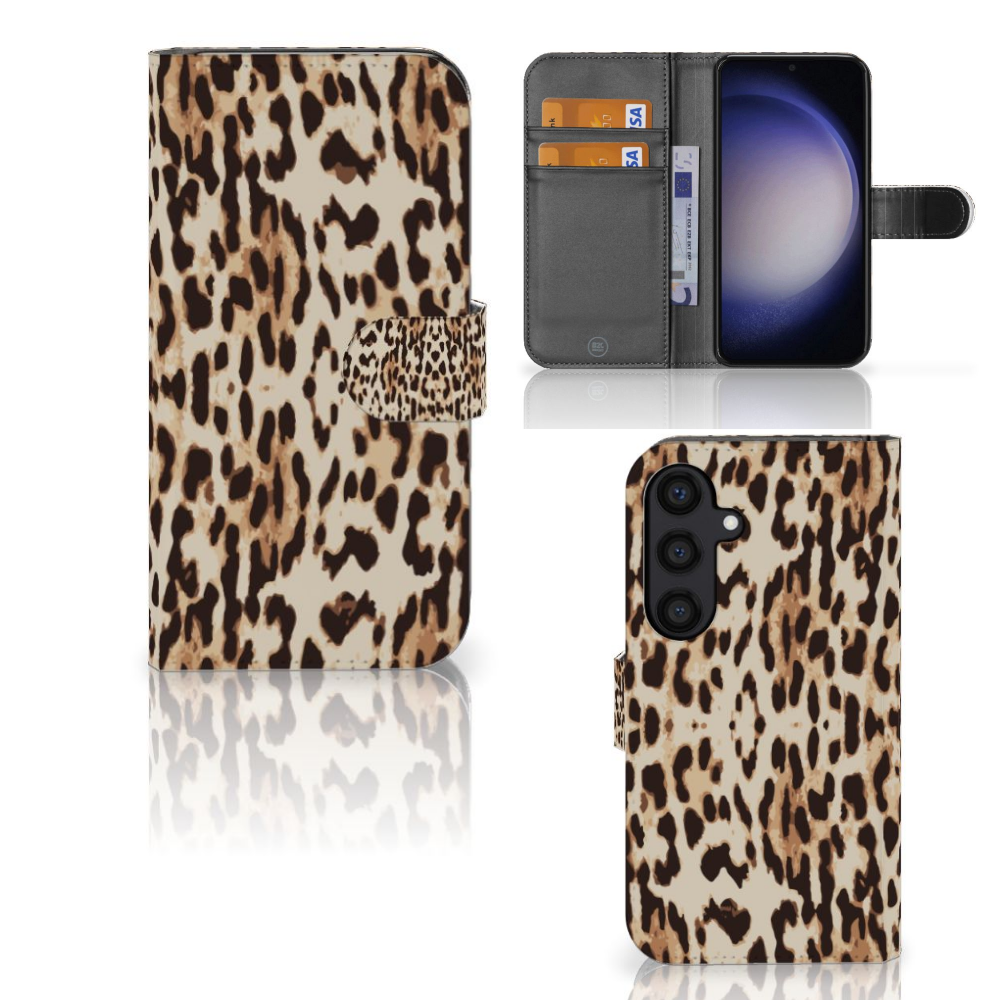 Samsung Galaxy S24 Telefoonhoesje met Pasjes Leopard dierenprint aanzicht binnenkant buitenkant