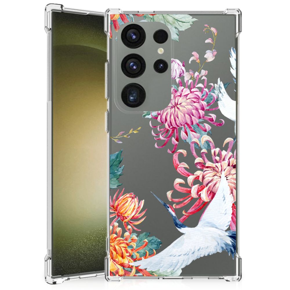 Samsung Galaxy S24 Ultra Case Anti-shock Bird Flowers voorkant zijkant