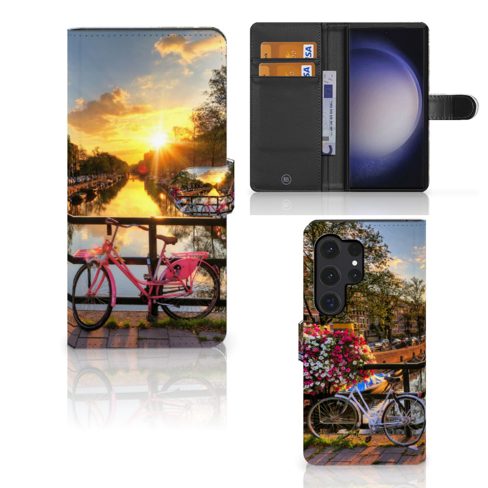 Samsung Galaxy S24 Ultra Flip Cover Amsterdamse Grachten telefoonhoesje fiets grachtzijdig